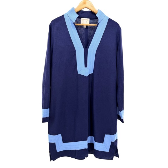 Sail to Sable STS Navy Blue Light Blue Linen Blend Tunic Shift Dress Large - Picture 2 of 7
